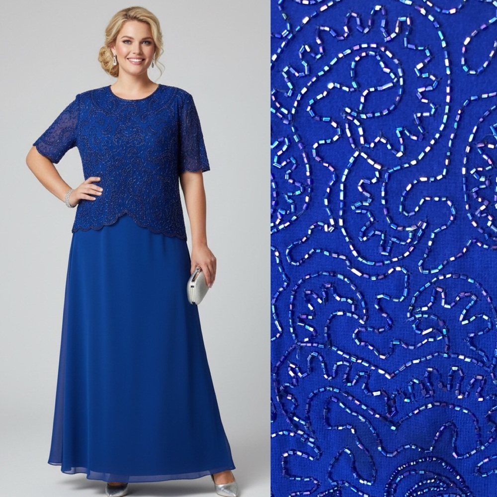 VTG 80s Elegant Royal Blue Beaded Dress Formal Evening Wedding Plus Full Long 1X